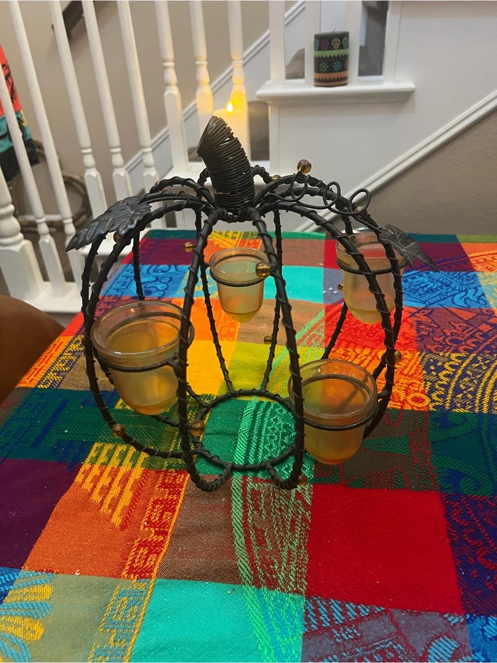 Black Wire Pumpkin Tealight Holder with Amber Glass Cups - Seasonal Accent